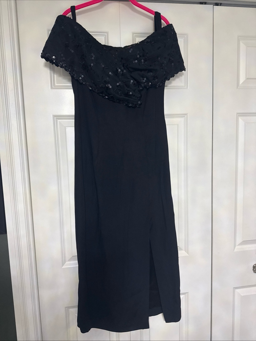 Vintage 80s 90s black cocktail dress off shoulder structured corset dress slit